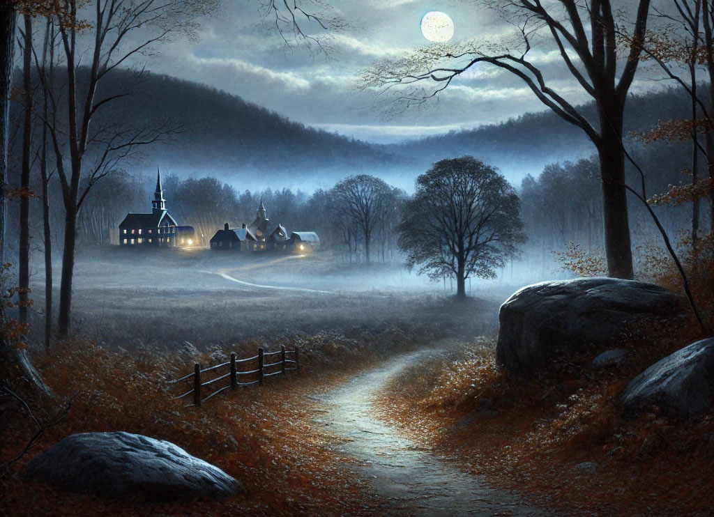 image of town of sleepy hollow from path in woods